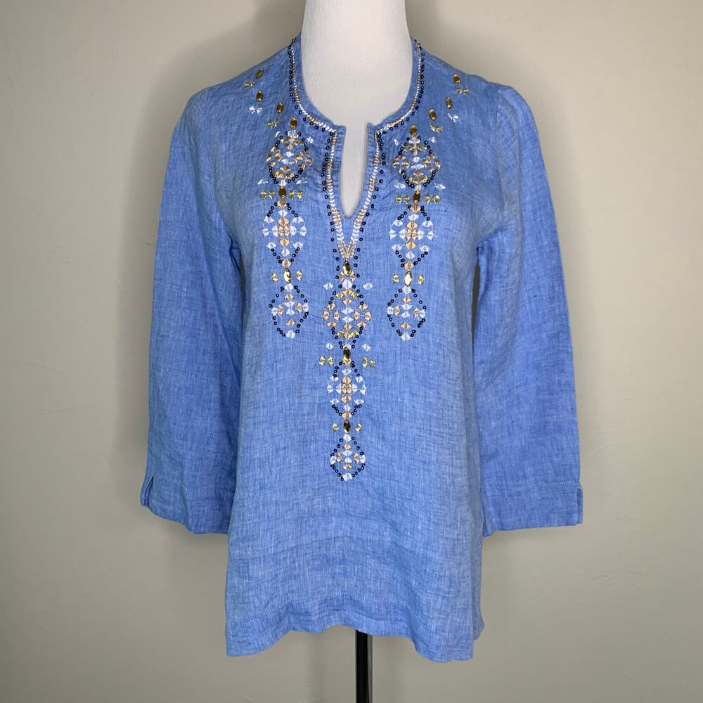 Lily Pulitzer Tunic Blue Linen Sz XS Embroidered